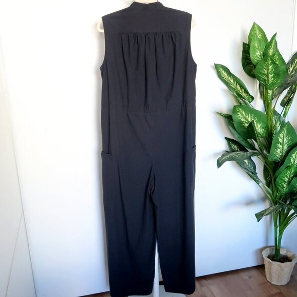 Malia Mills Black Cotton Wide Leg Button Up Drawstring Waist Jumpsuit Size 8 - Picture 7 of 14